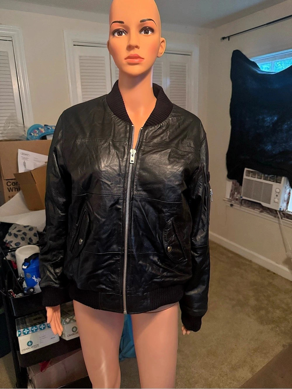 Deadwood Leather Oversized Bomber Jacket in Black